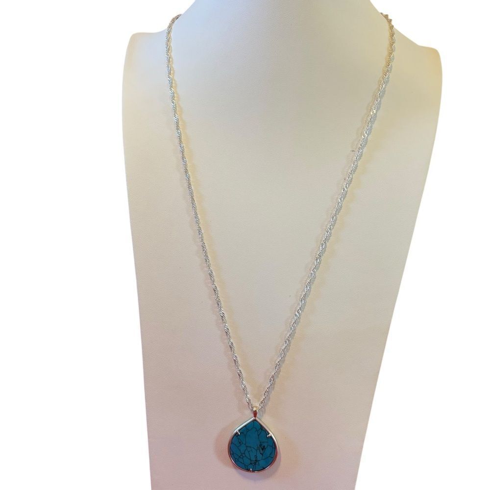 Marbled Faux Turquoise Slice Pendant on Long Decorative Silver Toned Chain.